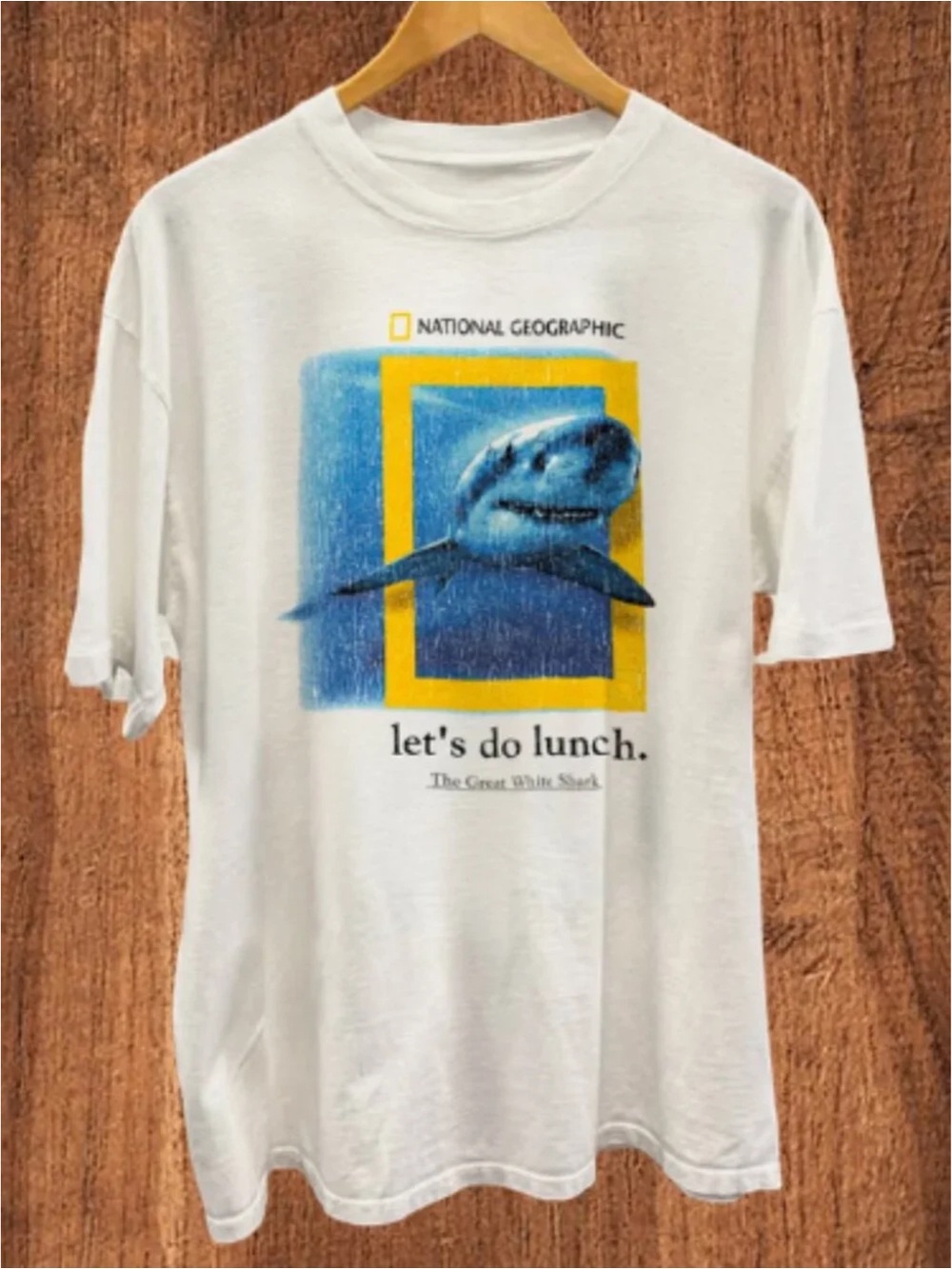 Gildan White T‑Shirt with Blue Shark & Yellow Frame